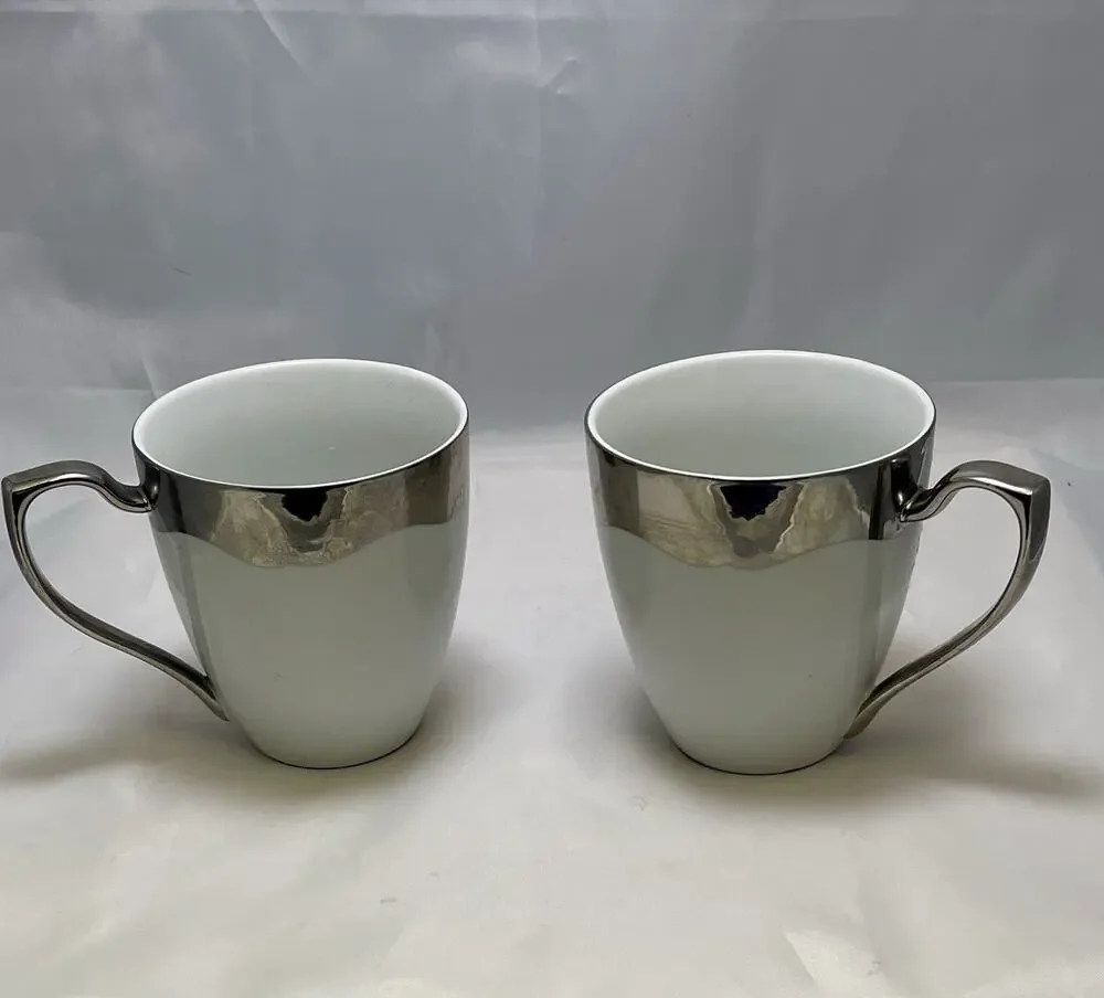 Nicole Miller White Porcelain Silver Metallic Coffee Tea Mugs X2